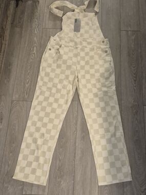 Checked Cream Women's Overalls Jumpsuit